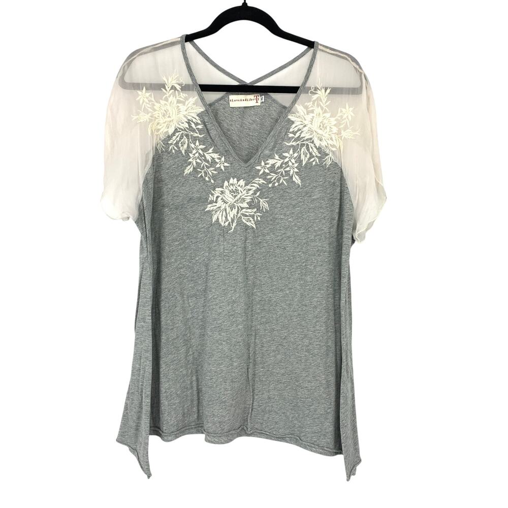 Johnny Was 4 Love & Liberty XL Gray Embroidered Silk Sleeve Tunic Top Boho